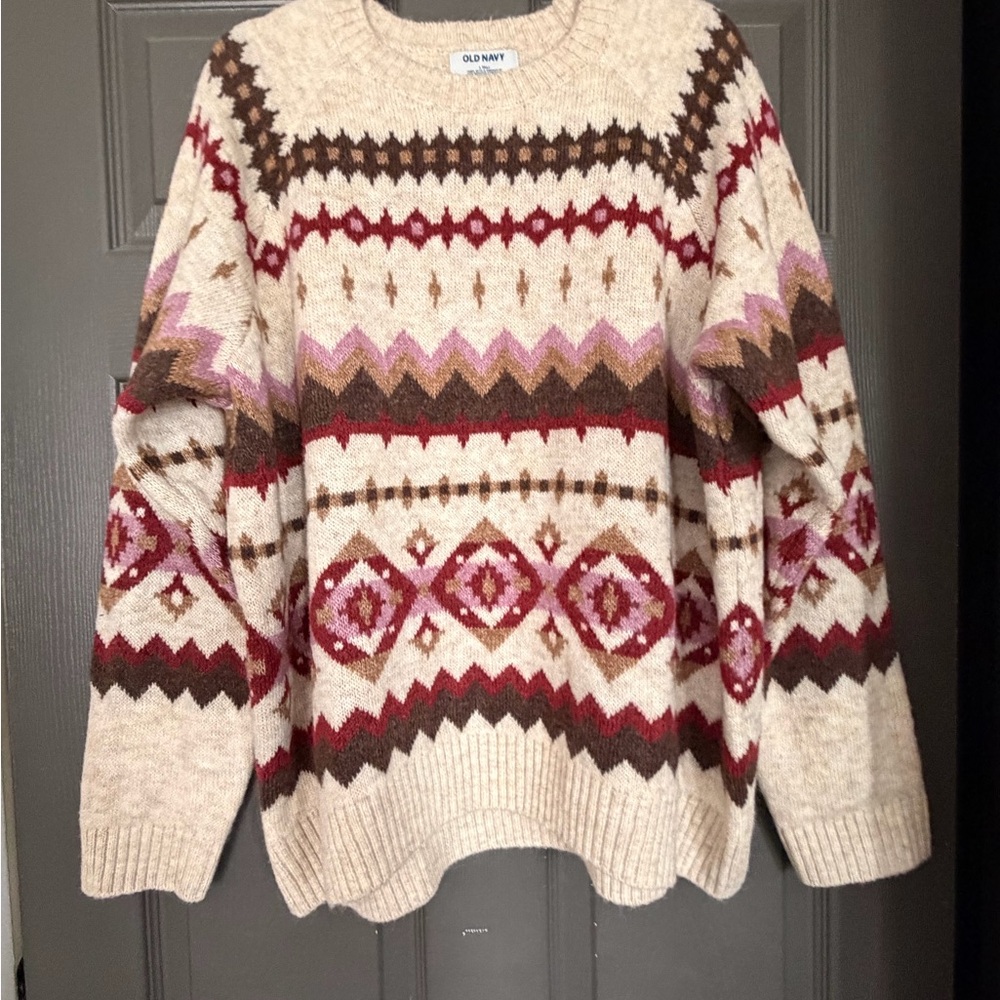Old Navy Women's Beige and Burgundy Geometric Sweater Large Tall